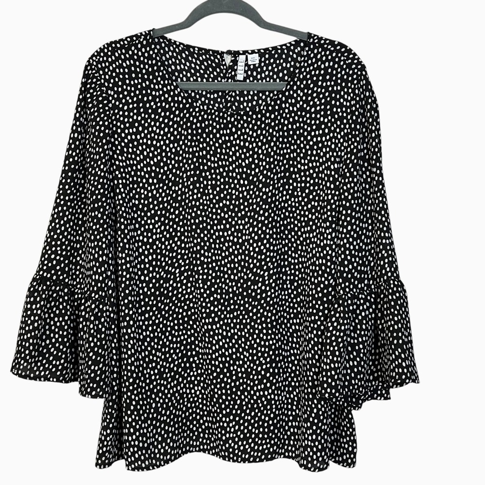 ELLE Womens XXL Black White Polka Dot Ruffle Bell Sleeve Blouse Top Neutral